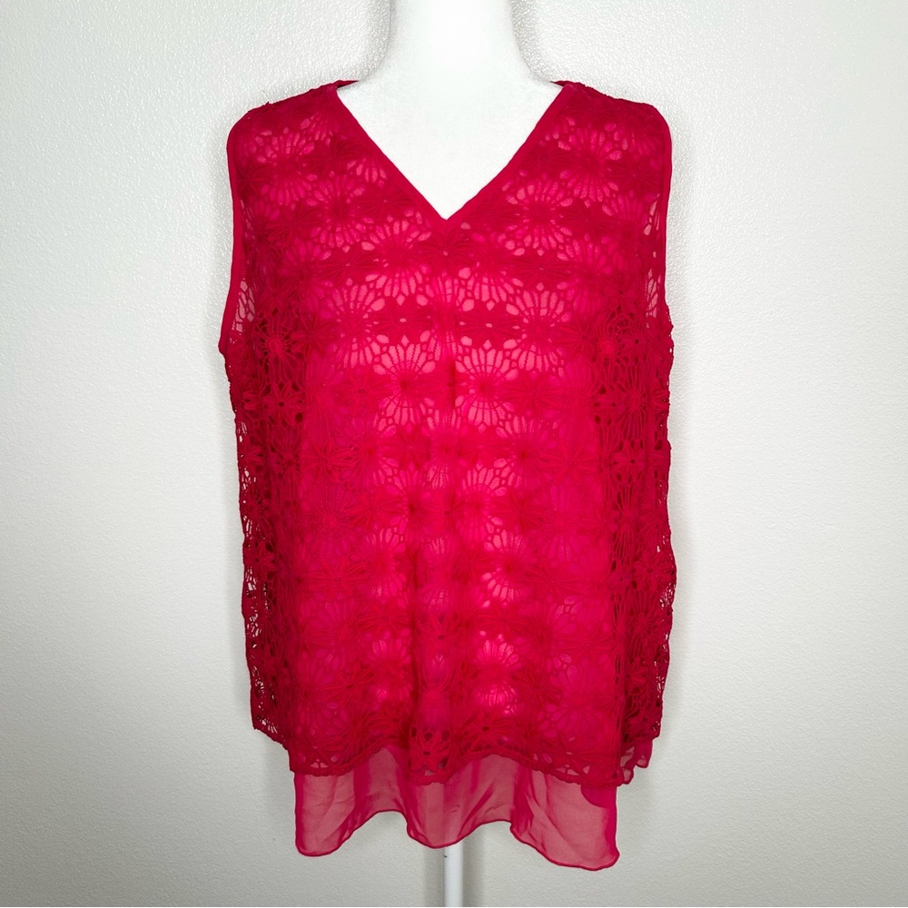 Ultra Pink Womens Crochet Chiffon Sleeveless Tank Top Plus Size 1X EUC